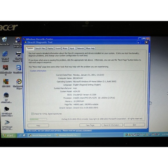 Acer Aspire One Series Model ZG5 Laptop 150 GB 1.6ghz Atom 1Gb Ram Wiped Bad Bat - Picture 3 of 4